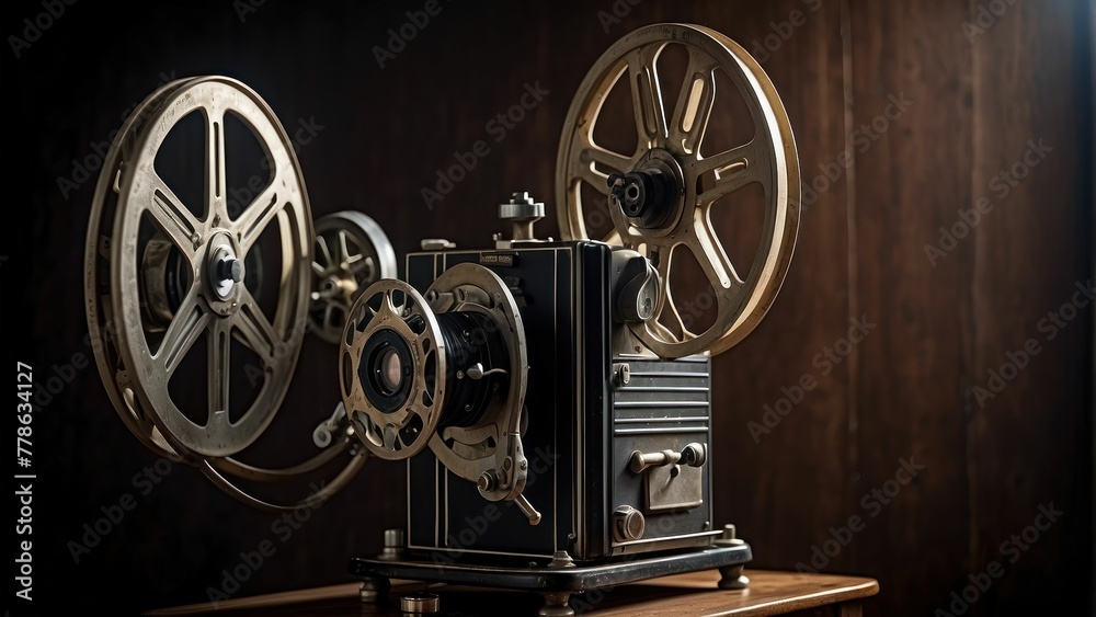 Obraz premium Classic vintage film projector with large reels in a dark room, perfect for classic cinema lovers and film enthusiasts