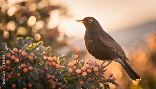 blackbird on cotoneaster bush photo