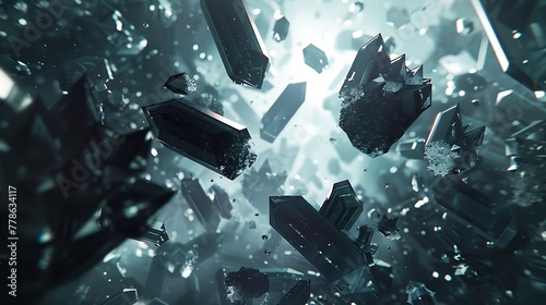 Shattered fragments of crystalline structures suspended in a weightless void photo