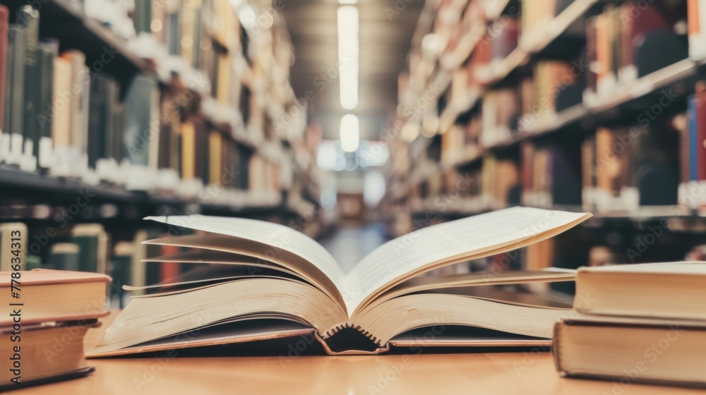 An open book resting on a wooden table in a library setting