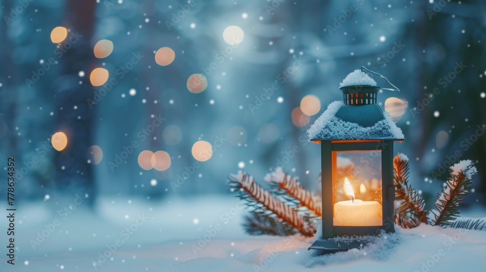 A Christmas lantern with a lit candle casting a warm glow on the snowy ground, surrounded by a fir branch A Christmas lantern with a lit candle casting a warm glow on the snowy ground, surrounded by a fir branch