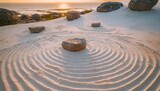 zen rock garden circle patterns on white sand top view