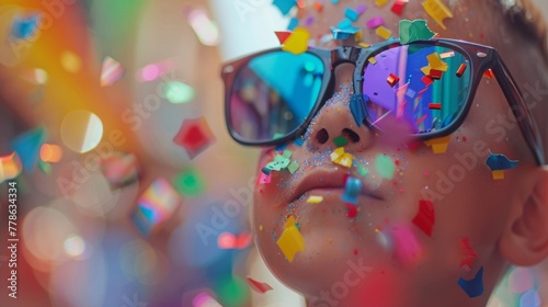 A young boy is wearing sunglasses and has colorful confetti on his face © tashechka