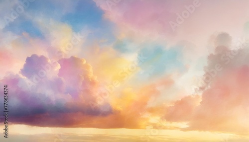 colorful watercolor background of abstract sunset sky with puffy clouds in bright rainbow colors of pink blue yellow orange and purple #778634374
