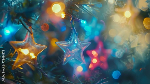 Detailed view of a Christmas tree adorned with colorful star-shaped bokeh lights