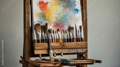 Artistic paintbrushes on a painters workstation photo
