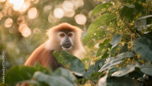 ugandan red colubus monkey amongst green leaves photo