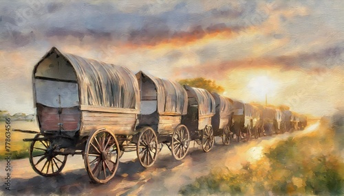 painting of carriage horse covered wagon train illustration