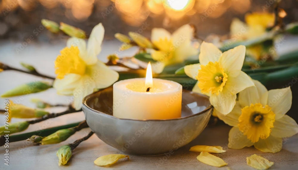composition with scented candle in bowl surrounded by yellow daffodils flowers and spring blossom twigs celebration spring holiday easter spring equinox