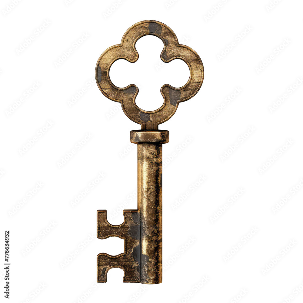 Golden key unlocking metallic puzzle piece isolated on white background Golden key unlocking metallic puzzle piece isolated on white background