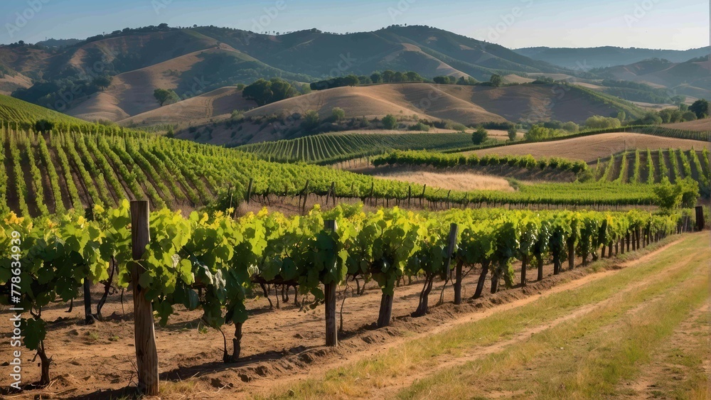 Lush vineyard rows in rolling hills