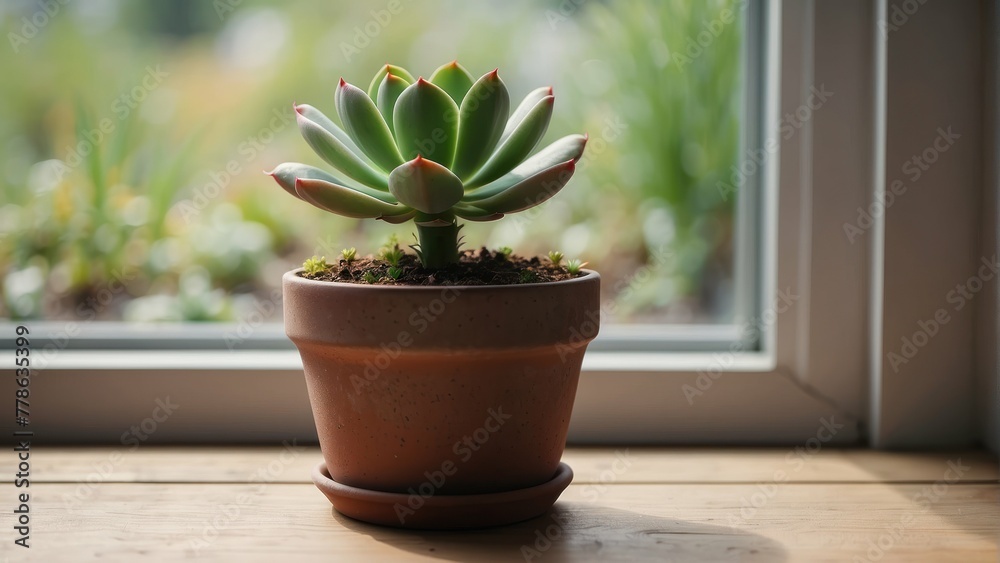 A single healthy green succulent plant sits in a terracotta pot against a window, basking in natural light