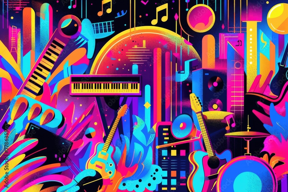 Obraz premium Kaleidoscopic illustration of music festival vibes, vibrantly capturing the essence of sound and rhythm