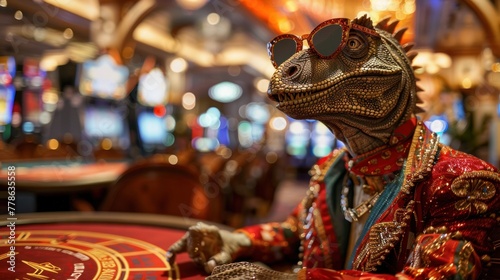 Dinosaur dresses like a fashion mogul in sunglasses and accessories playing poker in a luxury Las Vegas casino.