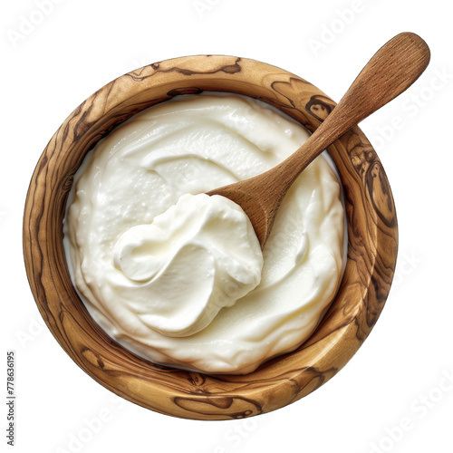 Greek yogurt in a wooden bowl isolated on transparent background