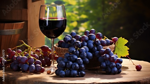 Fresh grape bunch on rustic table wineglass filled with cabernet sauvignon 