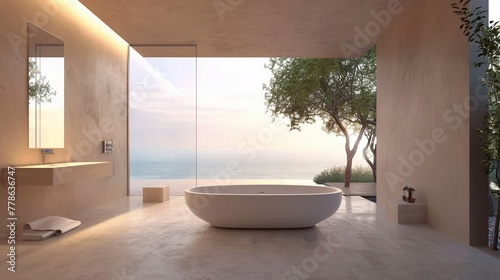 Bathroom in a minimal villa open to the sea simplicity enhancing natural beauty © miss[SIRI]