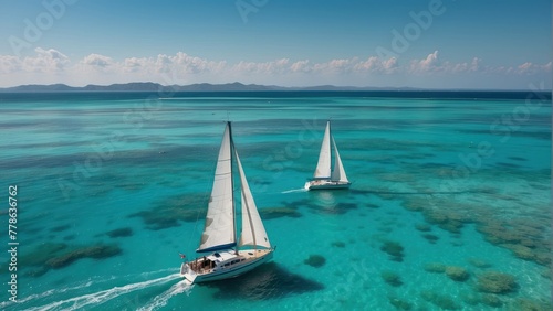 Two sailboats glide over clear, blue green seascape under a sunny sky, showcasing the beauty of ocean sailing