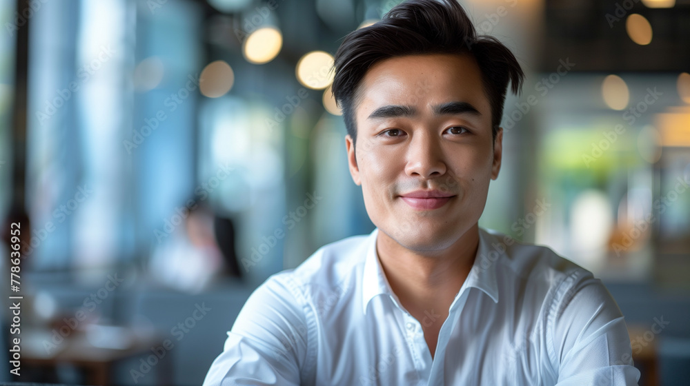 Fototapeta premium Young Asian businessman in modern office, portrait of a businessman or entrepreneur 