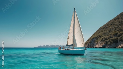 A sailboat ventures close to a lush, green hillside, with turquoise waters enhancing the tropical ambiance