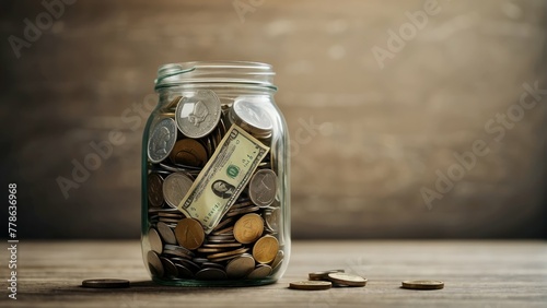 A clear glass jar is filled to the brim with coins and dollars, symbolizing savings and financial goals