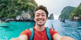 Asian man selfie on the excitement of travel with captivating of exotic destinations and adventures
