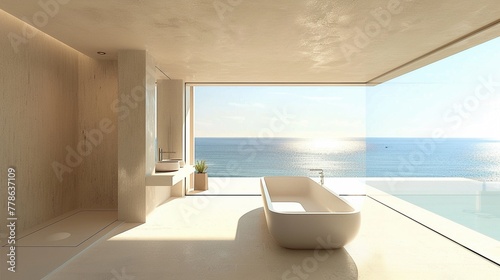 Minimal villa bathroom the sea stretches beyond a tranquil retreat from the world photo