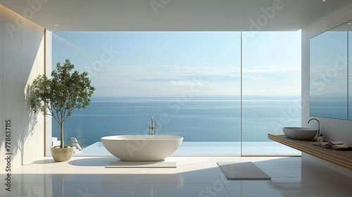 Minimal villa bathroom where the ocean view amplifies the serene clean design