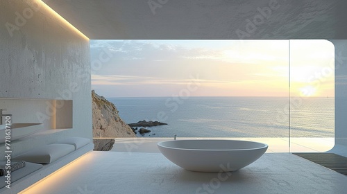 Minimal villa bathroom the sea stretches beyond a tranquil retreat from the world photo