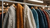 A row of warm and cozy knit sweaters displayed on a clothing rack, representing comfort and style in apparel
