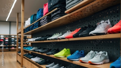 An organized display of various athletic shoes on sleek shelves showcasing the diversity in sports footwear