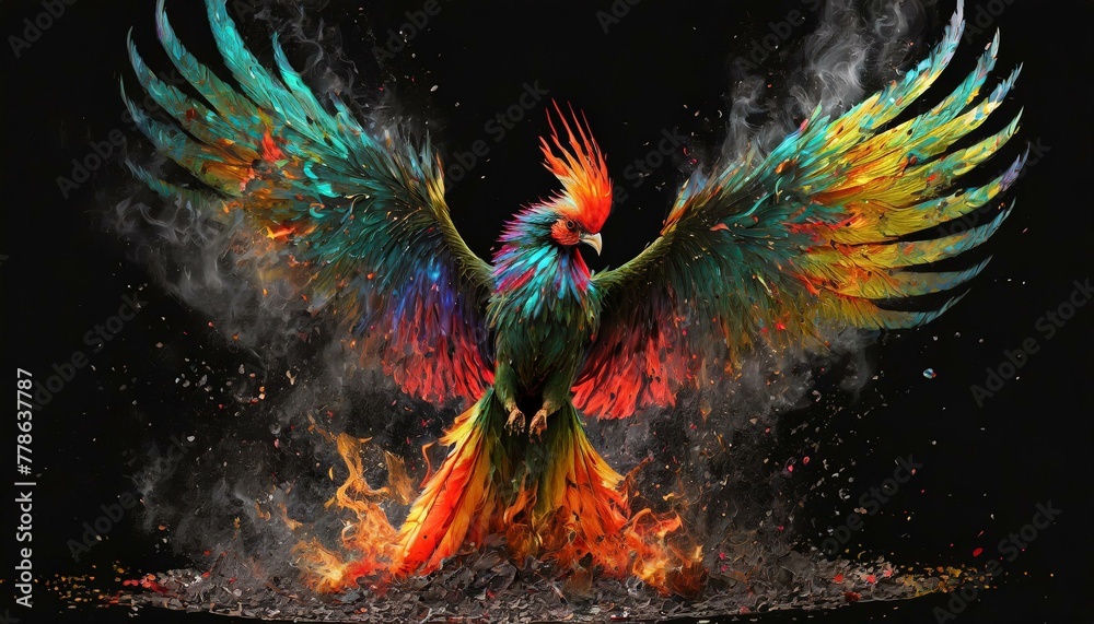 Define Phoenix Mythical Phoenix bird with flames and ashes against a black background ...