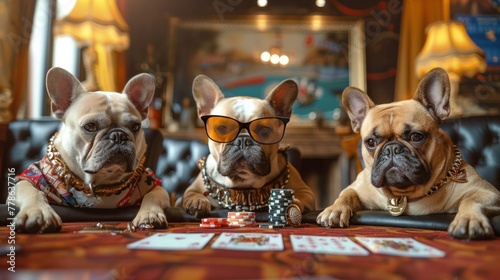 french bulldogs dressed like fashion moguls with sunglasses and jewelery playing poker in a fancy las vegas casino, photo