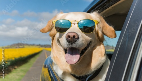 Yellow Labrador dog wearing sunglasses with face outside car window on a road trip photo