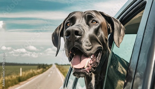 Great Dane dog with face outside car window on a road trip photo