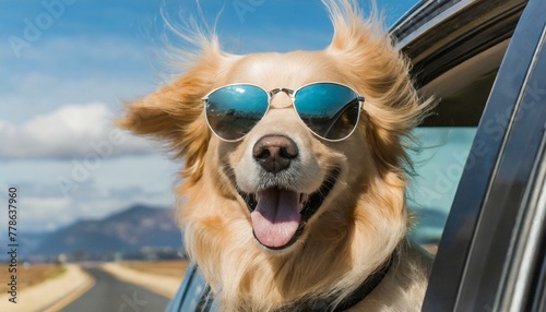 Golden retriever dog with head out of a car window enjoying the wind on a road trip
