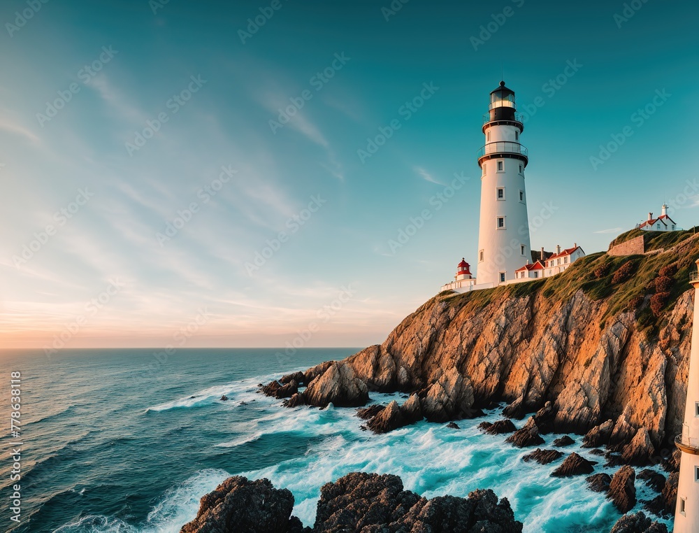 A lighthouse on a cliff overlooking the ocean.