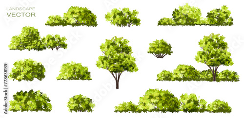Vector watercolor green tree or forest side view isolated on white background for landscape and architecture drawing elements for environment or garden botanical element for exterior section in spring