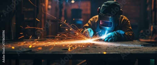 A skilled worker is seen welding metal in an industrial environment with sparks flying around