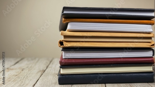 Several hardcover books are piled up, showing the diversity in bindings and pages against a simple backdrop