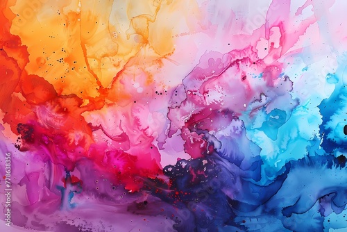 Abstract background of watercolor paint in blue, orange and pink colors. Ai generated.