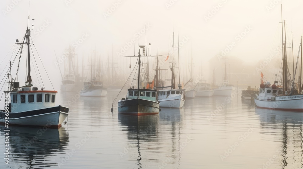 Fishing boats in various colors and sizes docked in a foggy harbor with calm water