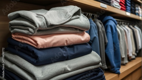 Precisely folded clothes sorted by color on shelves in a neat retail clothing store