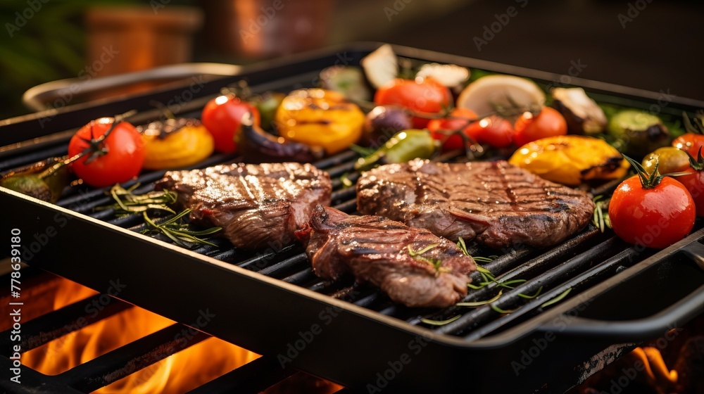 Grilled steak and vegetables on a hot barbecue plate