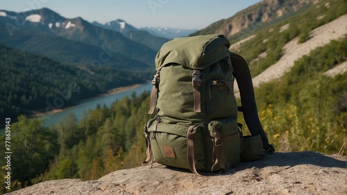 Green backpack on a rock overlooking a scenic mountainous area with a lake and forest during daylight