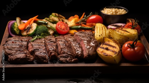 Grilled steak and vegetables on a hot barbecue plate