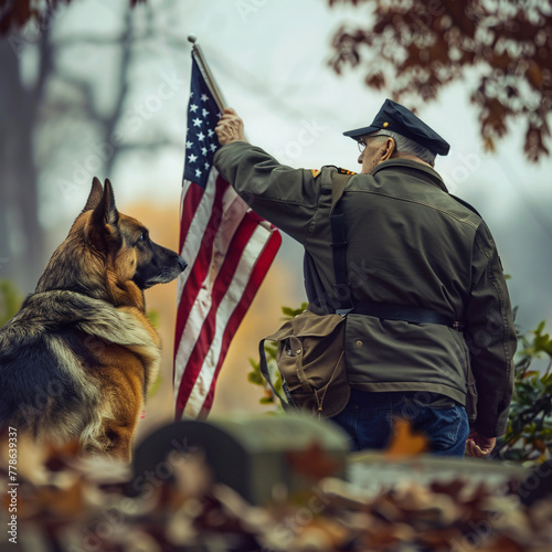 war veteran soldier from behind german dog sherped usa flag in background a memorial day military veterans and patriotism concept