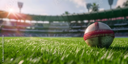  Bright Cricket Ball Resting on Verdant Field with Stadium Background