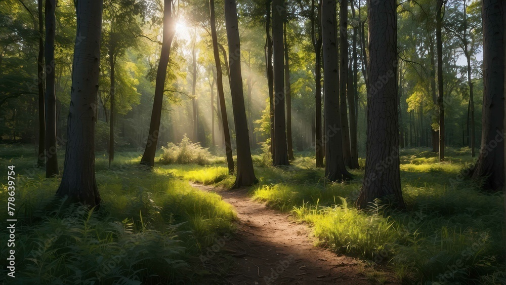 Sunrays peering through a serene forest