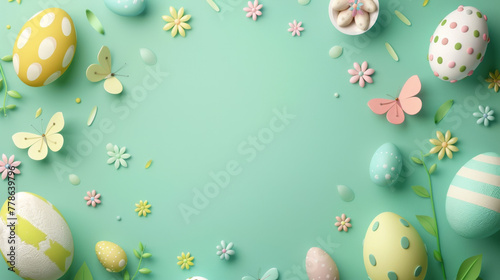 Yellow and pink Easter eggs are surrounded by butterflies with ample banner with blank space in the turquoise background photo